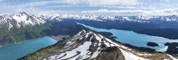 View of mountain landscape with turquoise blue fjord Sadie Cove and Tutka Bay, aerial view, Grace Ridge, Kachemak Bay State Park, Kenai Peninsula, Alaska, USA