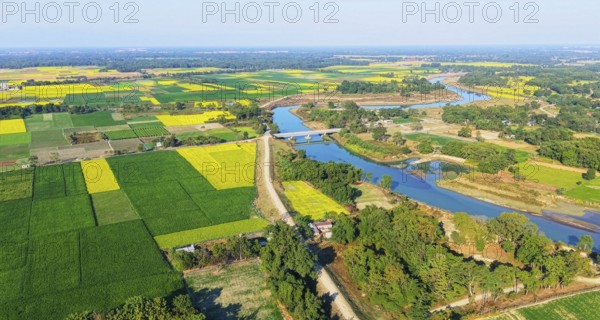 An aerial view reveals a gently curving river winding through the countryside, its silvery surface tracing a natural boundary between fields. On both banks, patchwork farmland stretches outward in neat, geometric plots, where mustard crops are in full bloom, creating broad swathes of bright yellow that contrast with surrounding greens and earthy browns. Narrow dirt paths and irrigation channels divide the fields, reflecting traditional agricultural patterns shaped by the river's seasonal flow. Scattered trees and small rural settlements dot the landscape, adding scale and context, while the overall scene highlights the harmony between the river, fertile soil, and winter agriculture in rural India