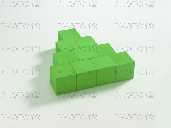 10 green wooden cubes against a white background