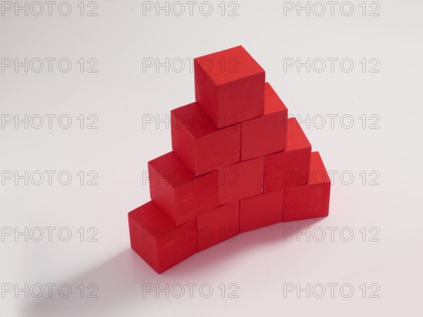 10 red wooden cubes against a white background