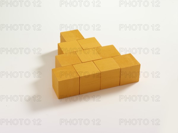 10 yellow wooden cubes against a white background