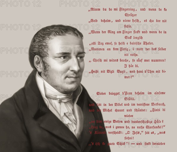 Portait with a poem, Johann Peter Hebel, 1760 - 1826, German poet, Protestant theologian and educator, Alemannic dialect poet, digitally optimized