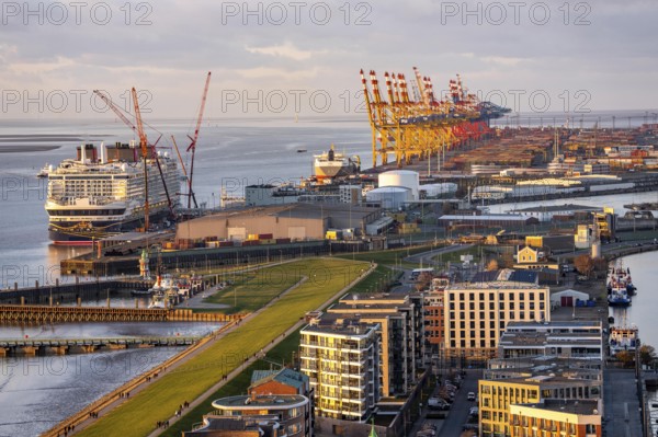 Disney Adventure cruise ship at Bremerhaven Cruise Port, MSC and Eurogate container terminal at Bremerhaven seaport, Eurogate container terminal with almost 50 container bridges, cranes, over a length of over 4 km at the mouth of the Weser, Bremerhaven, Bremen, Germany