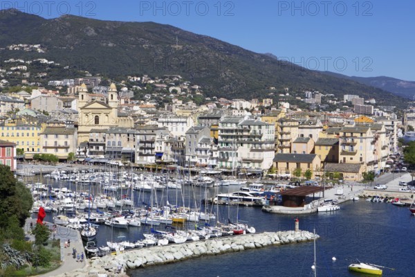 View from the citadel of the old port with marina and church of Saint Jean-Baptiste à Bastia or church of St. John the Baptist, Port de Plaisance or Vieux Port, old town, Bastia, Haute-Corse department, Corsica, France