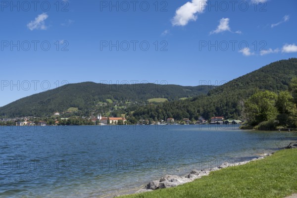 Parish Church of St. Quirinus, Tegernsee Abbey, Castle with Braustüberl, view from Seeufer Point, village Tegernsee, Upper Bavaria, Bavaria, Germany