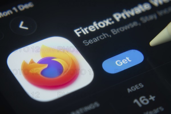 Dhaka, Bangladesh- 01 Dec 2025: A close-up of the Firefox app icon in the App Store on an iPad screen