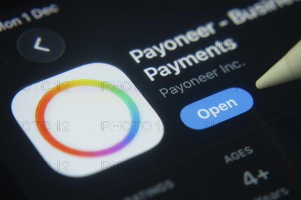 Dhaka, Bangladesh- 01 Dec 2025: A close-up of the Payoneer app icon in the App Store on an iPad screen