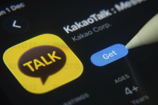 Dhaka, Bangladesh- 01 Dec 2025: A close-up of the KakaoTalk app icon in the App Store on an iPad screen