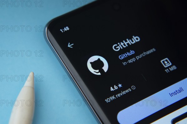 Dhaka, Bangladesh- 09 Mar 2025: GitHub app from Google Playstore is displayed on smartphone screen
