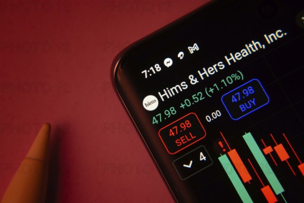 Dhaka, Bangladesh- 08 Sep 2025: Close-up of a phone screen showing Hims & Hers Health stock market data with a candlestick chart