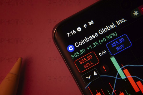Dhaka, Bangladesh- 08 Sep 2025: Close-up of a phone screen showing Coinbase Global Inc stock market data with a candlestick chart