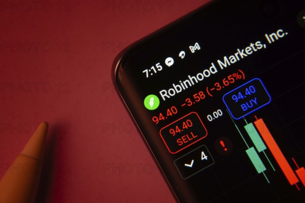 Dhaka, Bangladesh- 08 Sep 2025: Close-up of a phone screen showing Robinhood Markets stock market data with a candlestick chart