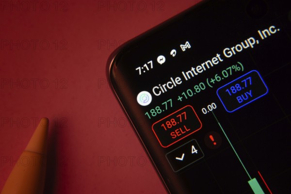 Dhaka, Bangladesh- 08 Sep 2025: Close-up of a phone screen showing Circle Internet Group stock market data with a candlestick chart