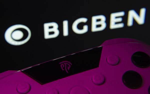 Dhaka, Bangladesh- 24 Mar 2025: A close-up of a gamepad with the Bigben Interactive seen on screen in the background