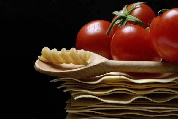 Lasagna, lasagna leaves and cooking spoon with fusilli noodle, noodle nest pasta type