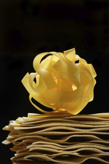 Uncooked lasagna leaves and fettuccine, noodle nest