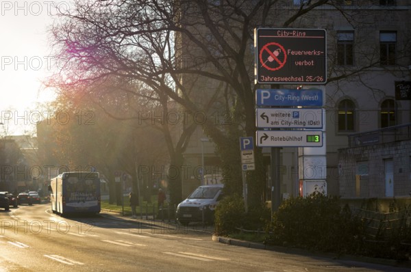 Sign, information sign, fireworks ban, fireworks ban on New Year's Eve in the city center, pedestrian zone, Stuttgart, Baden-Württemberg, Germany