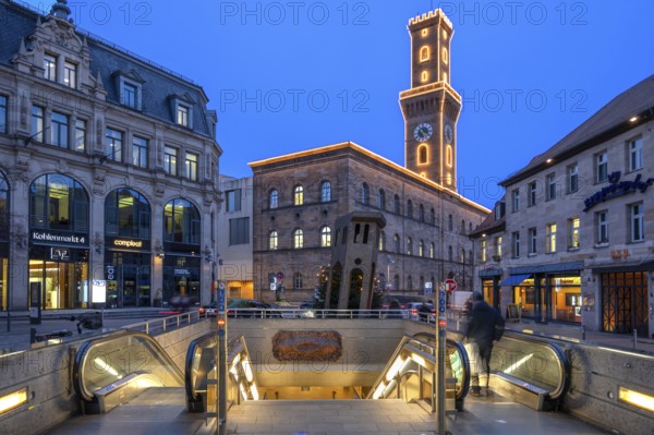 Fürth Town Hall in evening lighting, the tower is imitated the tower of the Palazzo Vecchio in Florence, in front a subway entrance, blue evening sky, Fürth, Middle Franconia, Bavaria, Germany