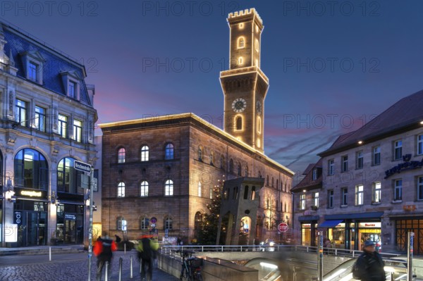Fürth Town Hall in evening lighting, the tower is imitated the tower of the Palazzo Vecchio in Florence, in front a subway entrance, evening sky, Fürth, Middle Franconia, Bavaria, Germany