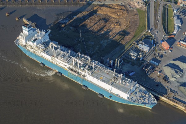 Europe, Germany, Schleswig-Holstein, Brunsbüttel, LNG terminal, ports, port, ships, water, ship, shipping, river, traffic, shipping, route, transport, means of transport, North Sea, Elbe, aerial view, aerial photos, aerial view, from, above, logistics, special ship, Högh Gannet, FSRU, liquid gas, regasification, regasification ship