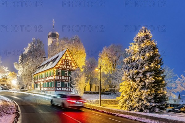 St. Stephen's Church Westerheim in winter with Christmas tree. hoarfrost. Westerheim, Alb-Danube District, Baden-Württemberg, Germany