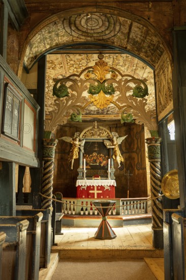Interior with a view of the altar in Lom Stave Church (Lom stavkyrkje), Lom, Norway