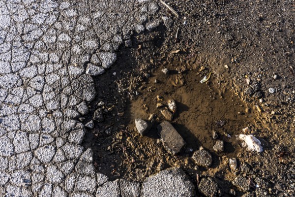Pothole, asphalt surface, floor, with many small cracks, roadway, parking lot