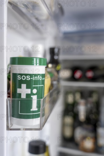 Emergency box in a refrigerator, it contains a comprehensive information sheet which gives emergency services medical information about the patient in an emergency, refrigerator is available in every household, central point for rescuers to receive information about the patient in an emergency, a sticker on the refrigerator door and front door indicates the emergency box