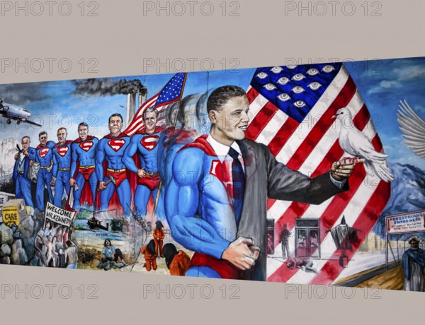 Political painting features several prominent U.S. Presidents dressed in Superman costumes, uses the iconic Superman imagery, a symbol associated with Truth, Justice and the American Way, Barack Obama holds a white dove as a symbol of peace