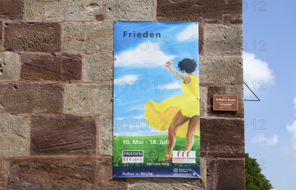 Poster for peace, painting by Frank Thiele, Fredelsloh Romanesque Abbey, former monastery in Fredelsloh, Lower Saxony, Germany