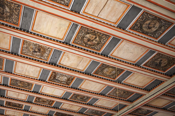 Inner view, Wood paneled ceiling with saints, Saint Giles or market church St. Aegidien, Osterode, Upper Harz region, Lower Saxony, Germany