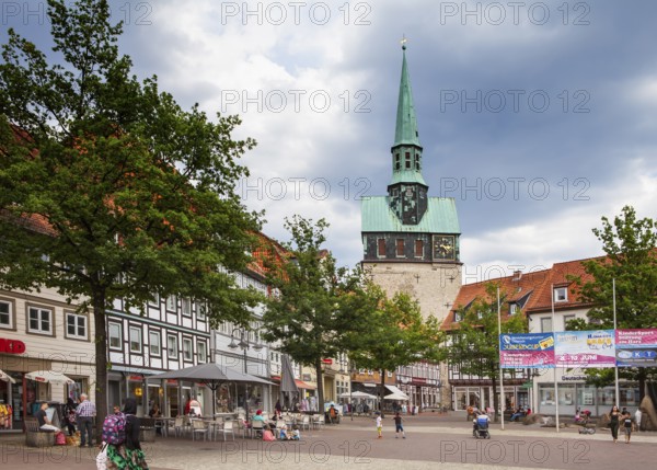 City view of Osterode, Kornmarkt with Saint Giles or church St. Aegidien, Upper Harz region, Lower Saxony, Germany