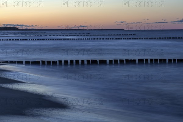 Groothing in the sea, sunset, long exposure, Zingst, Fischland-Darß-Zingst, Western Pomerania Lagoon Area National Park, Mecklenburg-Western Pomerania, Germany