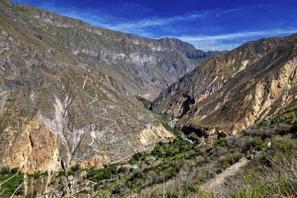 Extensive mountain landscape with a deep gorge under blue sky, The landscape of Colca Canyon in the Aden of Peru