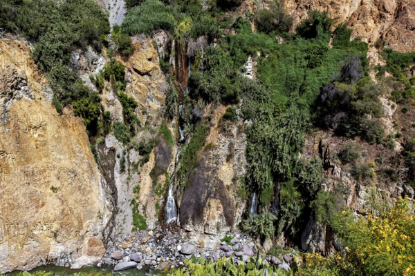 Small waterfall flowing over green and rocky cliffs, the landscape of the Colca Canyon in the Andes of Peru