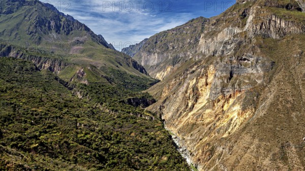 Narrow river snakes through a deep gorge between green mountains, the landscape of Colca Canyon in the Aden of Peru