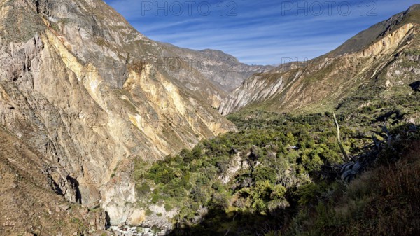 Extensive mountain range with green vegetation and blue sky, the landscape of Colca Canyon in the Aden of Peru