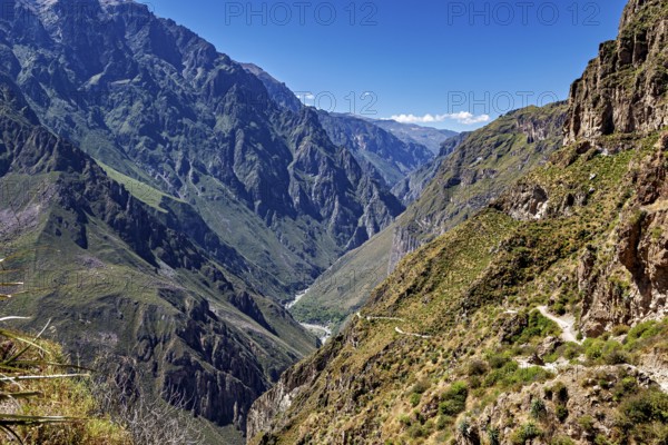 High mountains with deep gorges and rugged cliffs under a blue sky, the landscape of Colca Canyon in the Aden of Peru