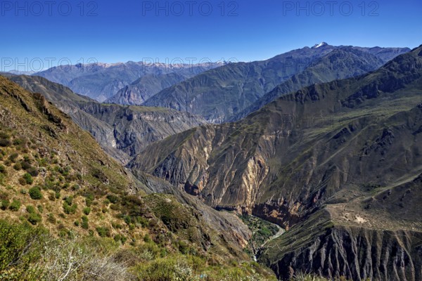 Impressive views of a deep gorge with steep mountain slopes and rocky formations, The landscape of Colca Canyon in the Aden of Peru