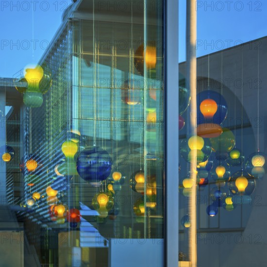 Artistic lamp installation with window reflection of the Marie-Elisabeth-Lüders House, art, abstract, government district, Berlin