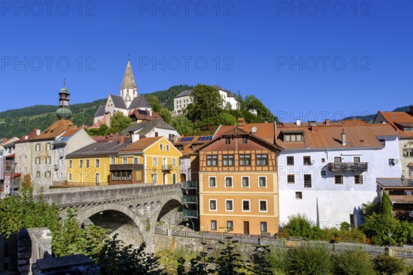 Murau with Obermurau Castle and St. Matthew Church, Mur River, Styria, Austria