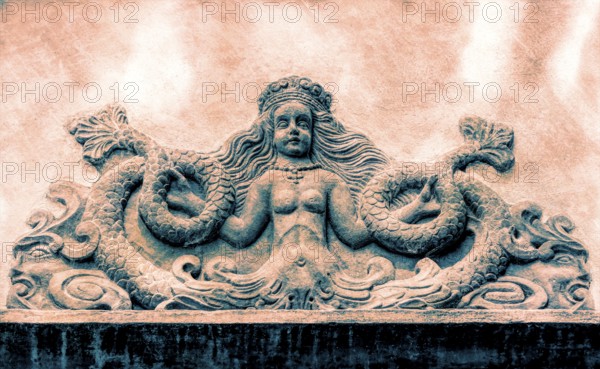 Mythological Mermaid Creature, wall decoration, Welf Castle of Herzberg, Herzberg am Harz, district of Göttingen, Lower Saxony, Germany, digitally edited