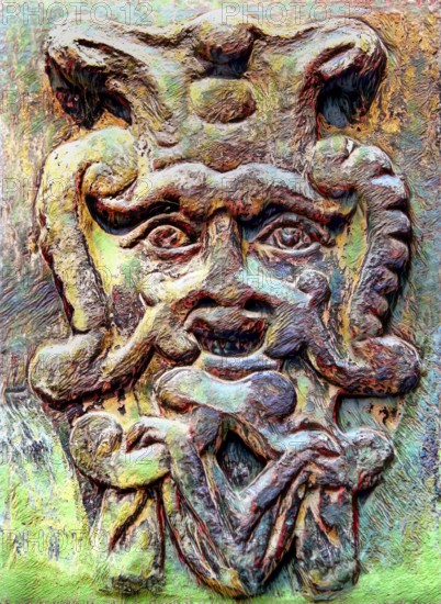 Old stone mask, face on a wall, Welf Castle of Herzberg, Herzberg am Harz, district of Göttingen, Lower Saxony, Germany, digitally edited