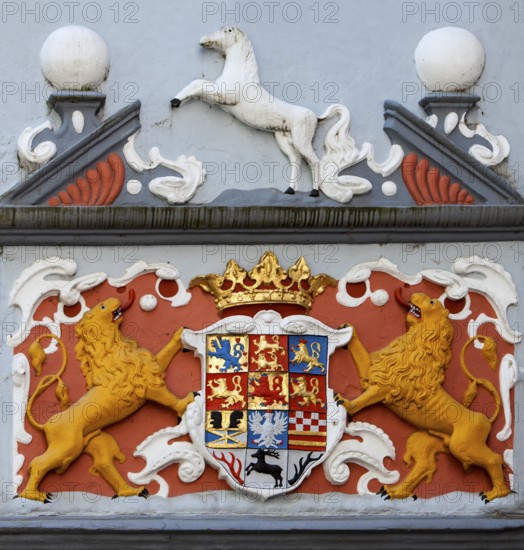 Alliance coat of arms of the House of Welf with Saxon Steed, Welf Castle of Herzberg, Herzberg am Harz, district of Göttingen, Lower Saxony, Germany
