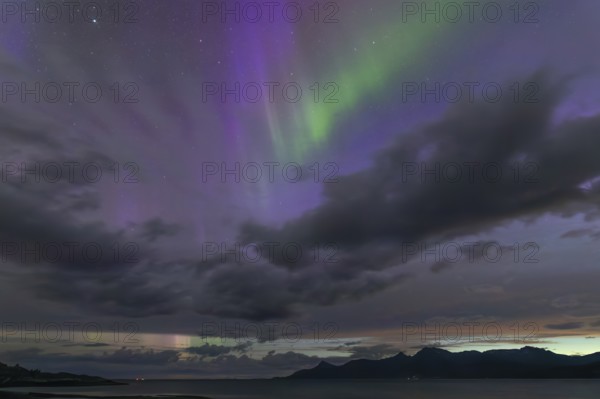 The Vestfjord in Nordland, Norway, has an enchanting atmosphere at night. Dark clouds and vivid aurora, polar lights dance over the fjord. The rugged cliffs and majestic mountains are reflected in the calm water and create a mystical backdrop