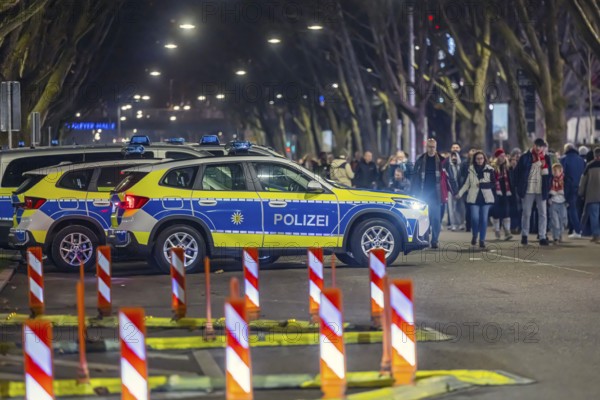 High-risk game at the MHP Arena Stuttgart. VfB Stuttgart will face Maccabi Tel Aviv's team in the Europa-League. Strong police forces secure the area around the stadium on Mercedesstraße. Police cars. Stuttgart, Baden-Württemberg, Germany
