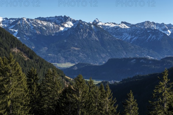 View from the high-altitude hiking trail from Bolsterlanger Horn to Riedberger Horn, snow-capped mountains of the Allgäu Alps, Bolsterlang, Oberstdorf, Oberallgäu, Allgäu, Bavaria, Germany