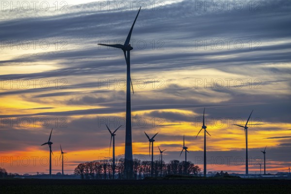 Sunset at Issum wind farm, Lower Rhine, North Rhine-Westphalia, Germany