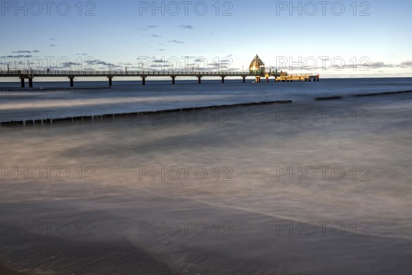Groes and pier with diving gondola, long exposure, evening light, Zingst, Fischland-Darß-Zingst, Western Pomerania Lagoon Area National Park, Mecklenburg-Western Pomerania, Germany
