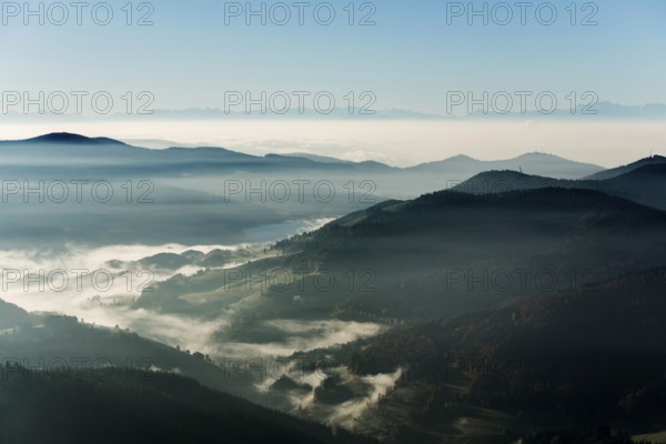 View from Belchen heading south of Wiesental and the Swiss Alps, morning atmosphere with fog in autumn, sunrise, Belchen, Black Forest, Southern Black Forest, Baden-Württemberg, Germany